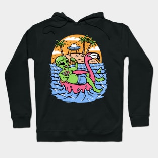 Funny Summertime Alien Eating Pizza on a Pink Flamingo Floatie Hoodie